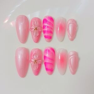 3D Pink Floral Almond Handmade Press On Nail Art Set 10pcs Diy Reusable